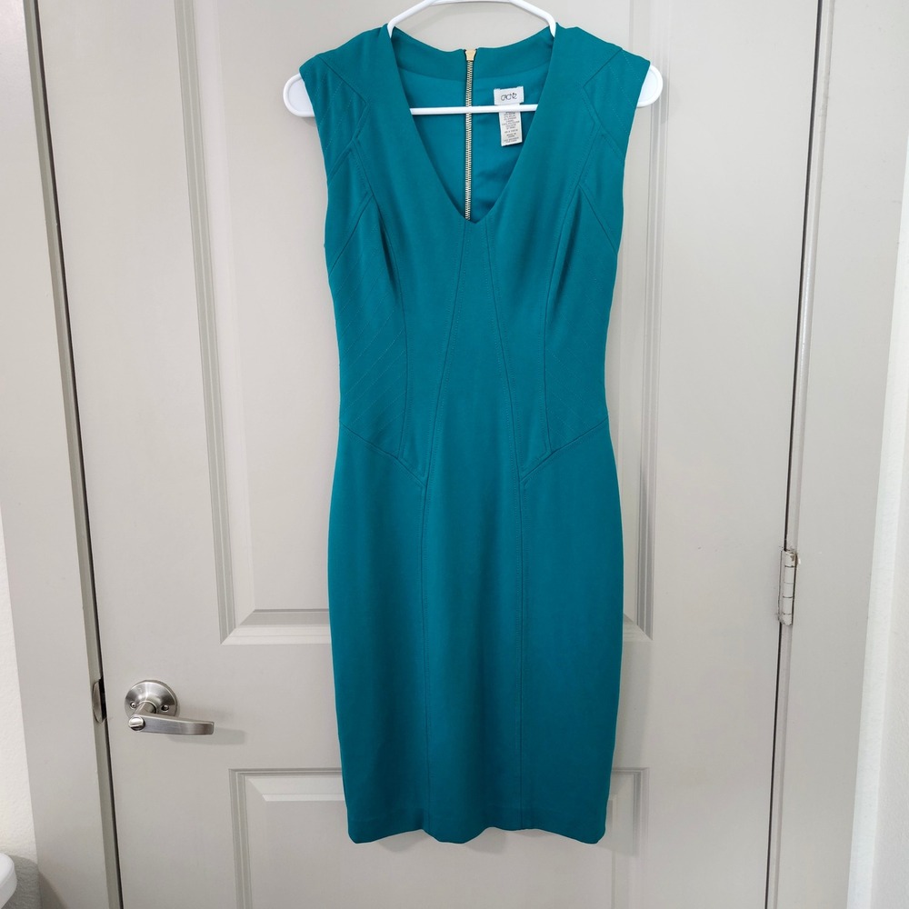 Cache Teal Sleeveless V-Neck Sheath Dress Exposed Back Zipper Size 2